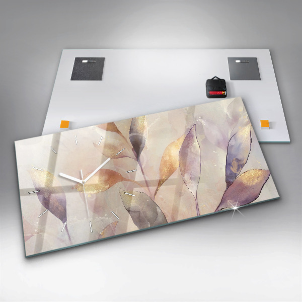 Horizontální skleněné hodiny na stěnu Abstraktní boho listy