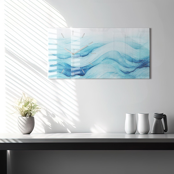 Horizontální skleněné hodiny na stěnu Modré mraky