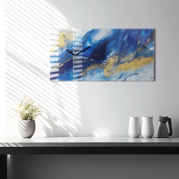 Horizontální skleněné hodiny na stěnu Modrý mramor