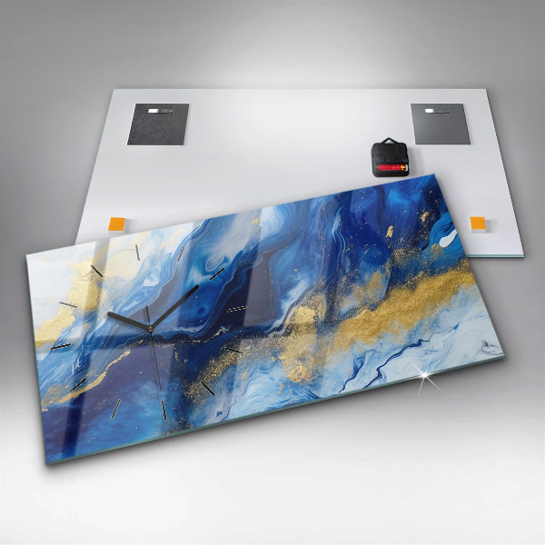 Horizontální skleněné hodiny na stěnu Modrý mramor