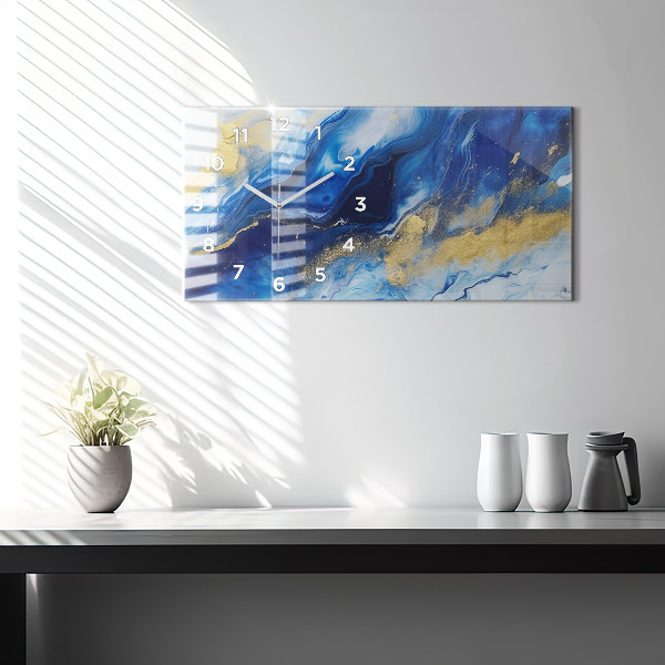 Horizontální skleněné hodiny na stěnu Modrý mramor