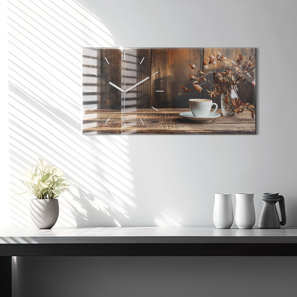 Horizontální skleněné hodiny na stěnu Šálek kávy