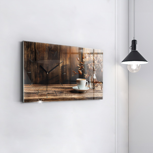 Horizontální skleněné hodiny na stěnu Šálek kávy