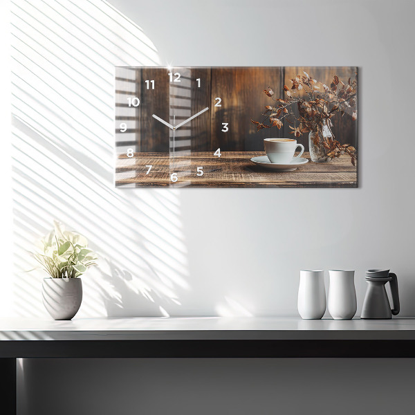 Horizontální skleněné hodiny na stěnu Šálek kávy