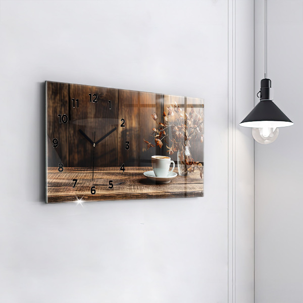 Horizontální skleněné hodiny na stěnu Šálek kávy