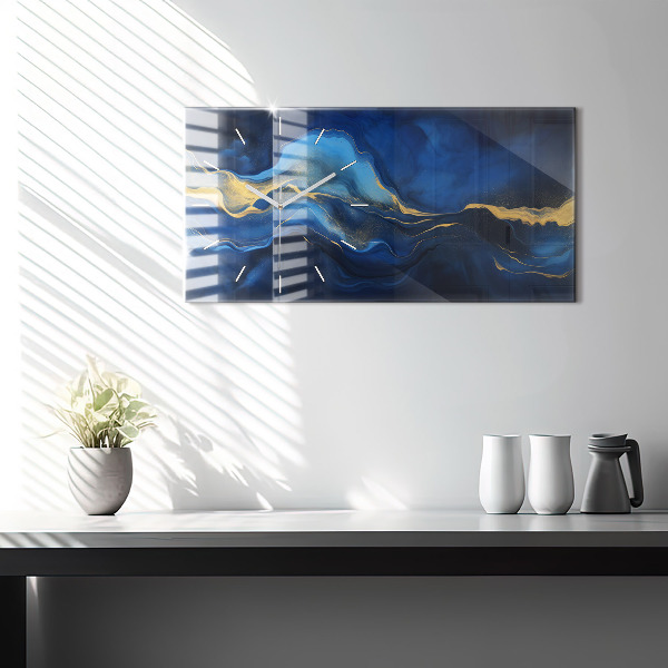 Horizontální skleněné hodiny na stěnu Modrý mramor