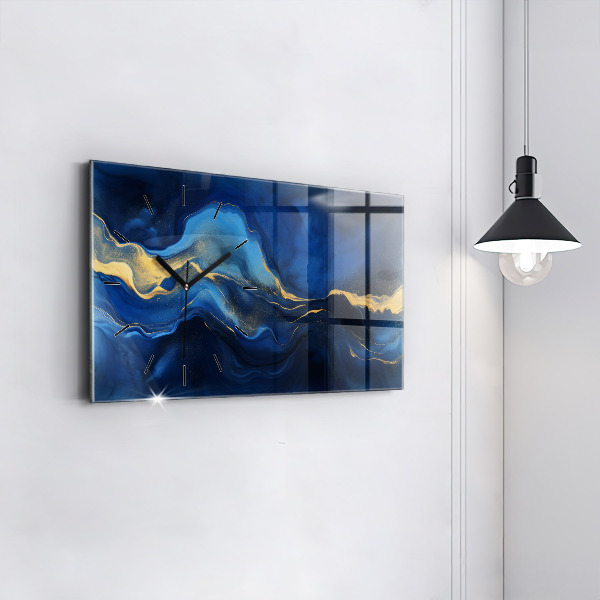 Horizontální skleněné hodiny na stěnu Modrý mramor