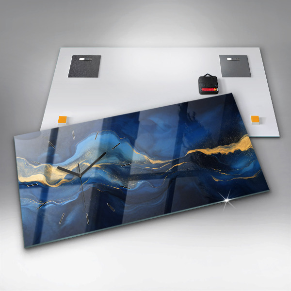 Horizontální skleněné hodiny na stěnu Modrý mramor