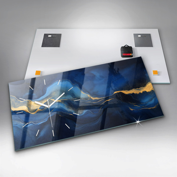 Horizontální skleněné hodiny na stěnu Modrý mramor