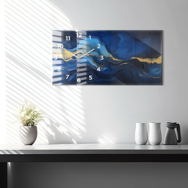 Horizontální skleněné hodiny na stěnu Modrý mramor
