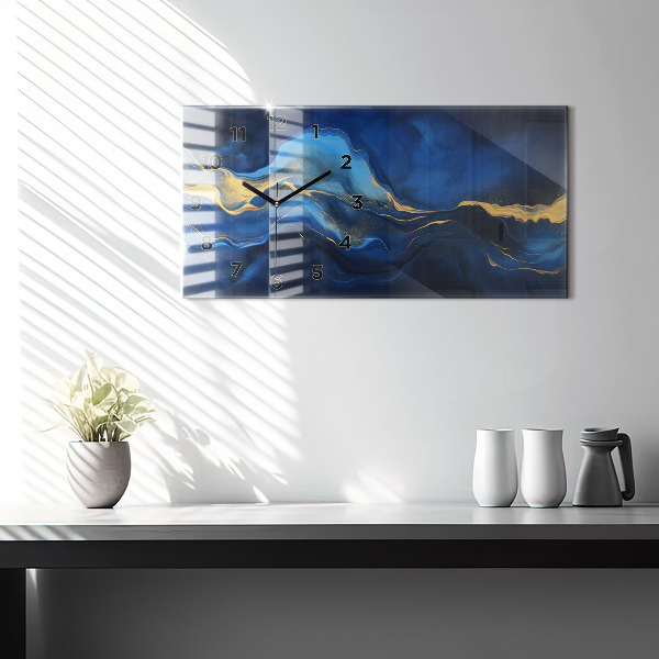 Horizontální skleněné hodiny na stěnu Modrý mramor