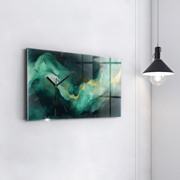 Horizontální skleněné hodiny na stěnu Zelený mramor
