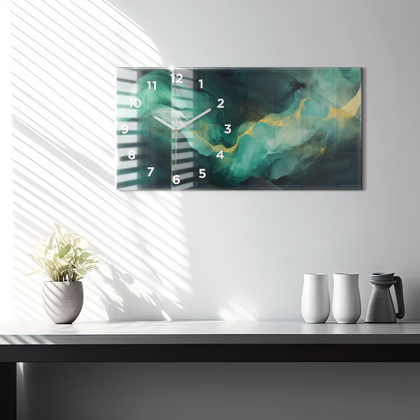Horizontální skleněné hodiny na stěnu Zelený mramor