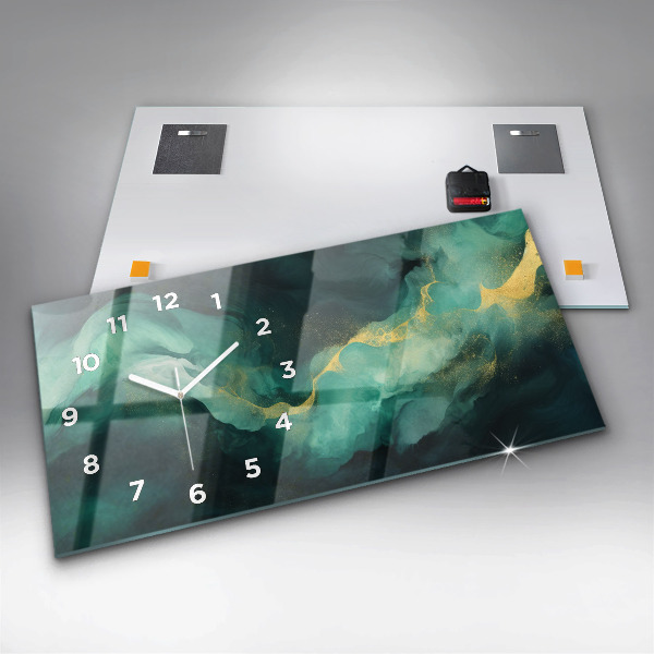 Horizontální skleněné hodiny na stěnu Zelený mramor