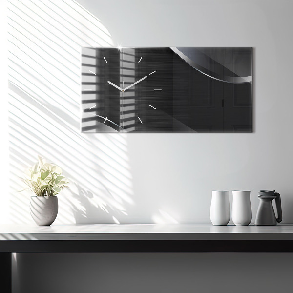 Horizontální skleněné hodiny na stěnu Černé a stříbrné linie