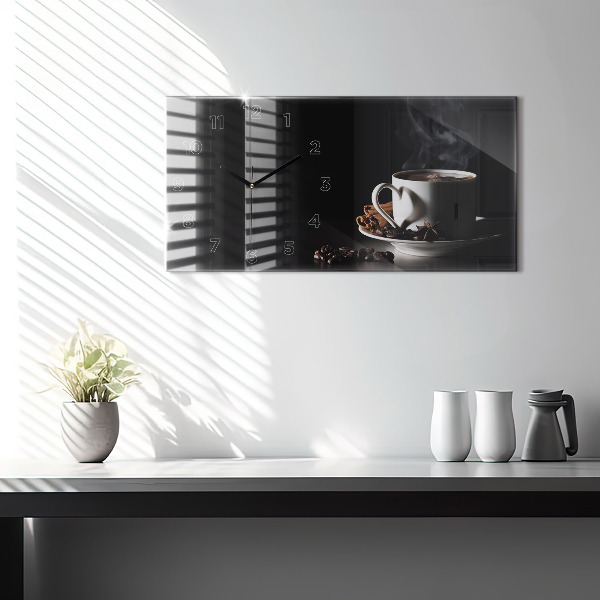 Horizontální skleněné hodiny na stěnu Šálek kávy