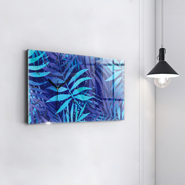 Horizontální skleněné hodiny na stěnu Modré listy