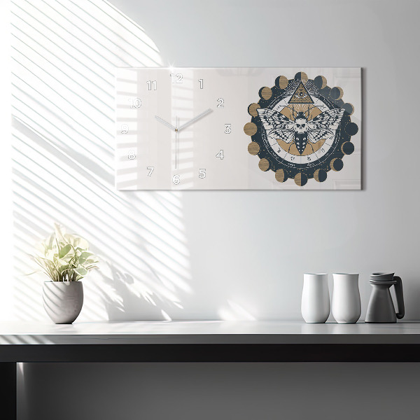 Horizontální skleněné hodiny na stěnu Fáze měsíce a oko