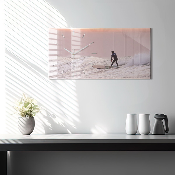 Horizontální skleněné hodiny na stěnu Surfař na Havaji