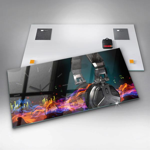 Horizontální hodiny na skle Sluchátka a zvukové vlny