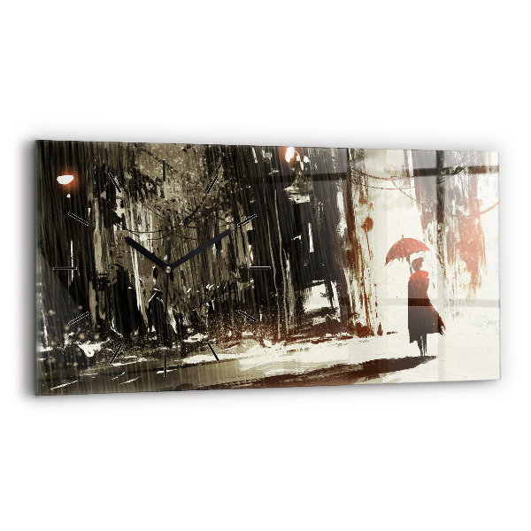 Horizontální hodiny na skle Žena v deštivé noci