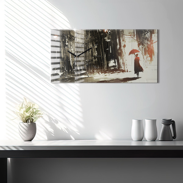 Horizontální hodiny na skle Žena v deštivé noci