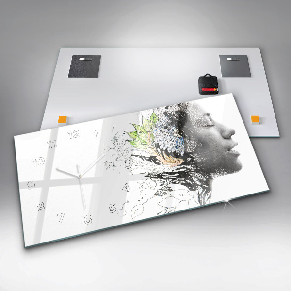 Horizontální hodiny na skle Abstraktní tvář ženy