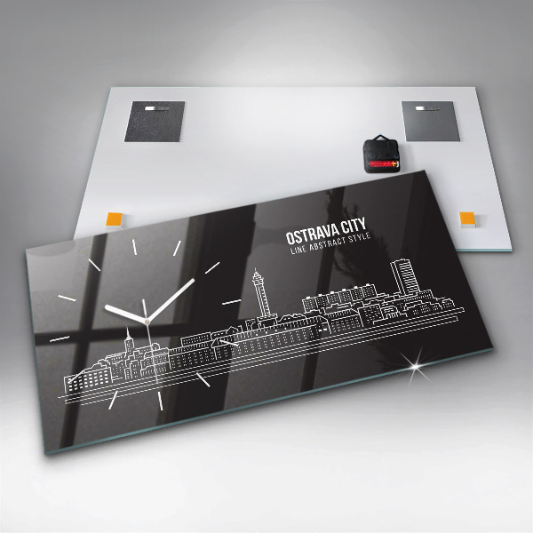 Horizontální hodiny na skle Kresba města Ostravy