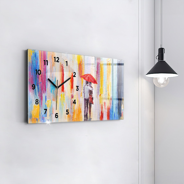 Horizontální skleněné hodiny na stěnu Pár v dešti