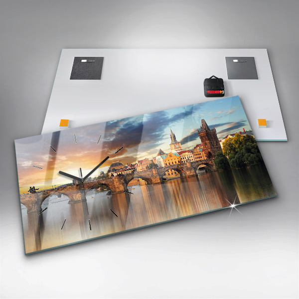 Horizontální skleněné hodiny na stěnu Panorama nad řekou