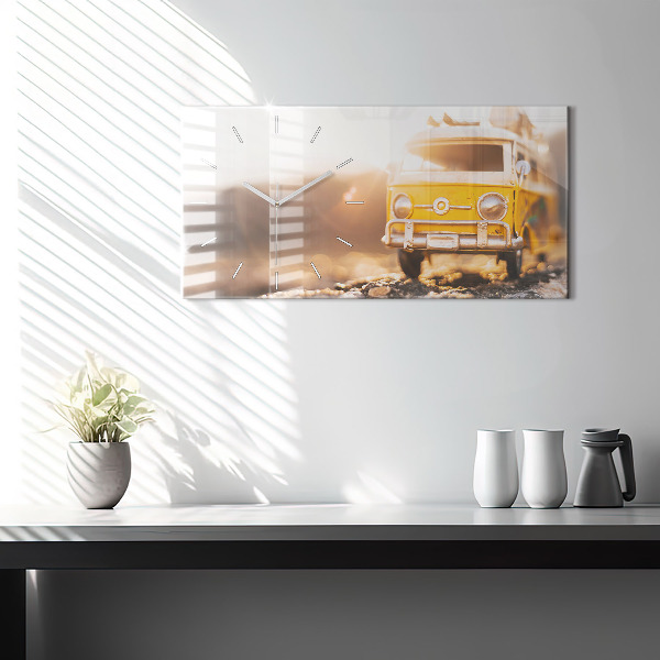 Horizontální skleněné hodiny na stěnu Auto na dovolené