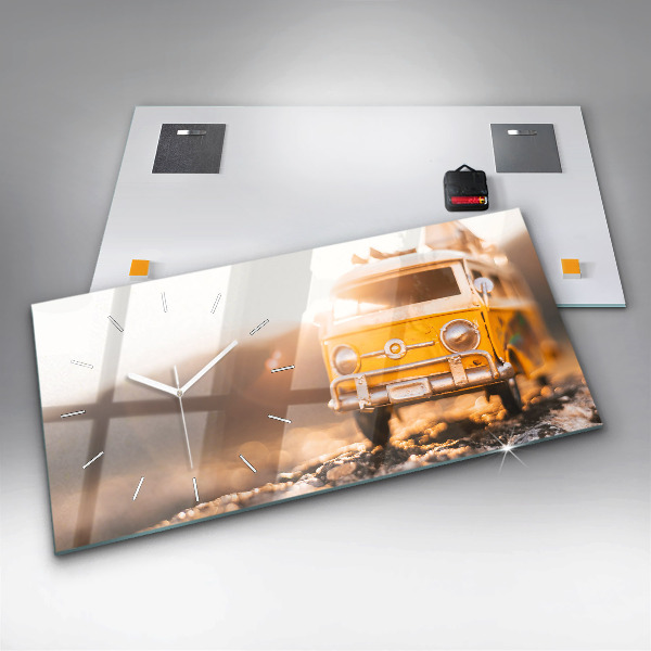 Horizontální skleněné hodiny na stěnu Auto na dovolené