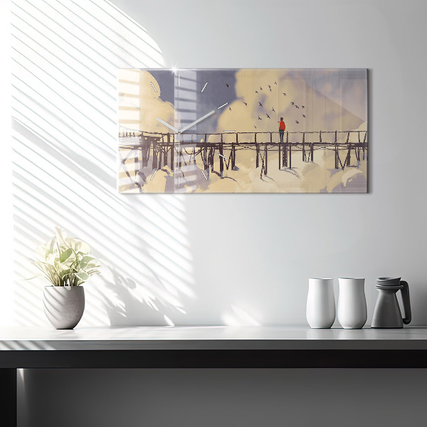 Horizontální skleněné hodiny na stěnu Muž na starém mostě