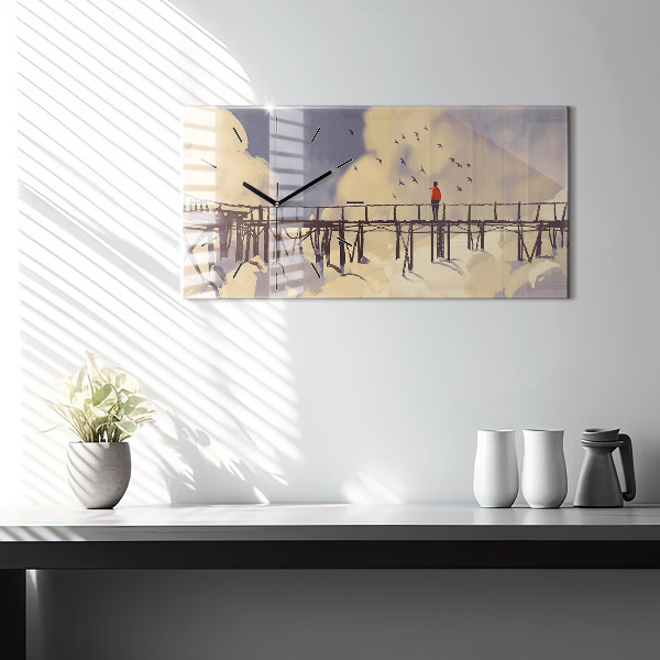 Horizontální skleněné hodiny na stěnu Muž na starém mostě