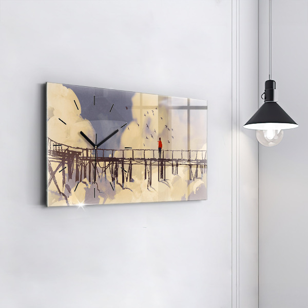 Horizontální skleněné hodiny na stěnu Muž na starém mostě