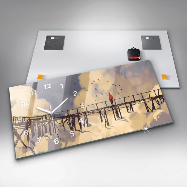 Horizontální skleněné hodiny na stěnu Muž na starém mostě