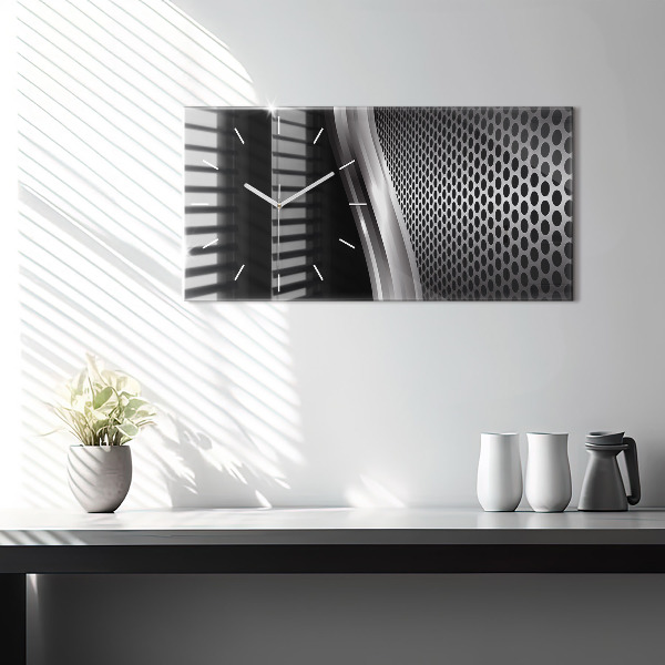 Horizontální skleněné hodiny na stěnu Black metalová abstrakce