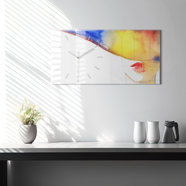 Horizontální skleněné hodiny na stěnu Žena s kloboukem