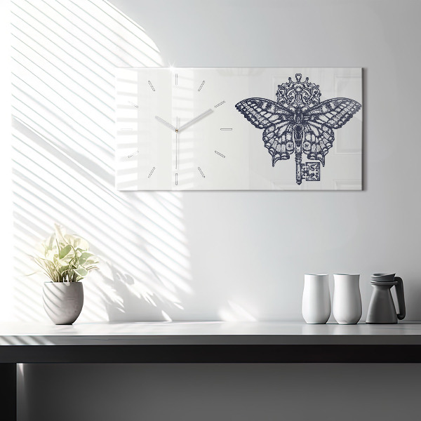 Horizontální skleněné hodiny na stěnu Motýl a klíč ve stylu boho