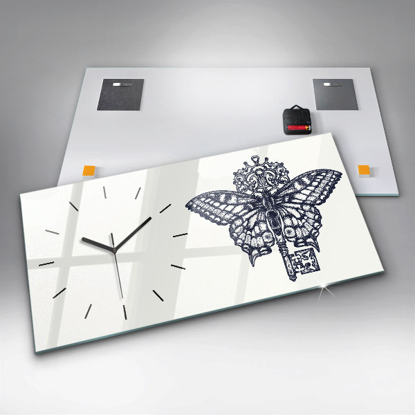 Horizontální skleněné hodiny na stěnu Motýl a klíč ve stylu boho