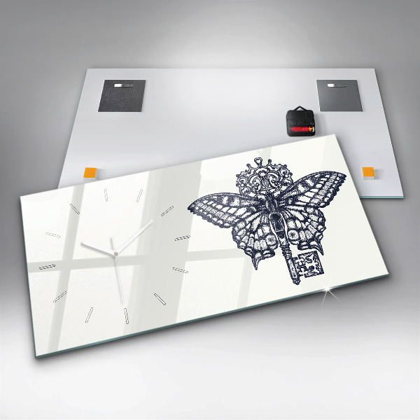 Horizontální skleněné hodiny na stěnu Motýl a klíč ve stylu boho