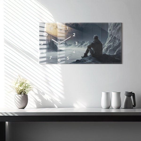 Horizontální skleněné hodiny na stěnu Muž Planeta vesmíru