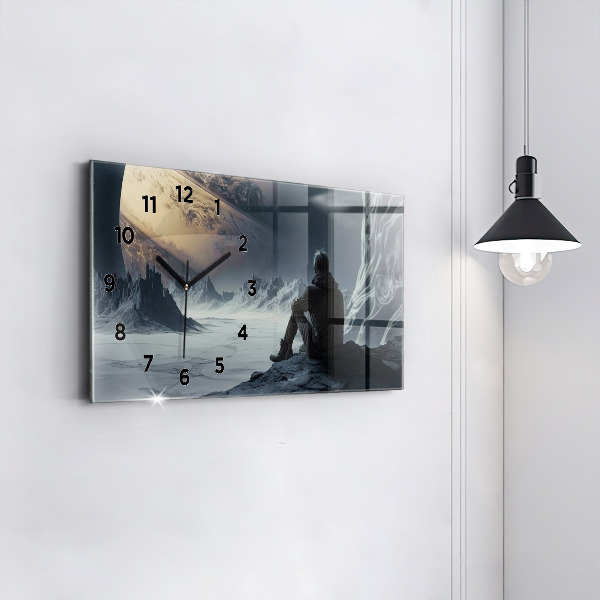 Horizontální skleněné hodiny na stěnu Muž Planeta vesmíru