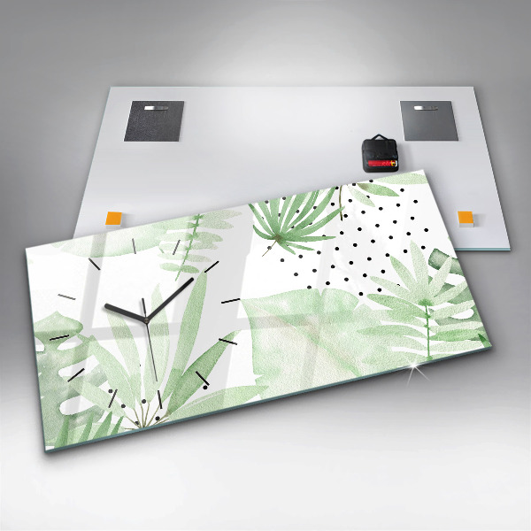 Horizontální skleněné hodiny na stěnu Zelené listy