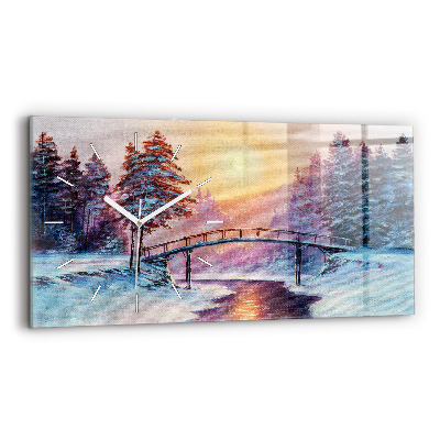 Horizontální skleněné hodiny na stěnu Vánoční stromek a most