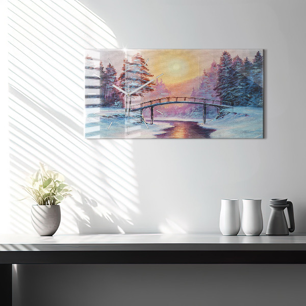 Horizontální skleněné hodiny na stěnu Vánoční stromek a most