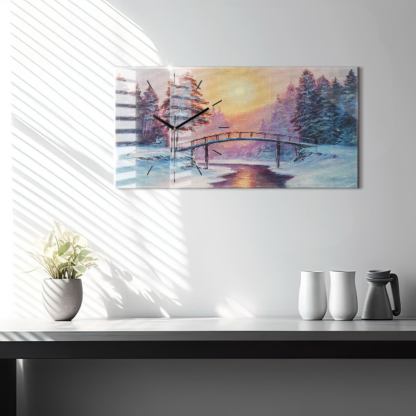 Horizontální skleněné hodiny na stěnu Vánoční stromek a most