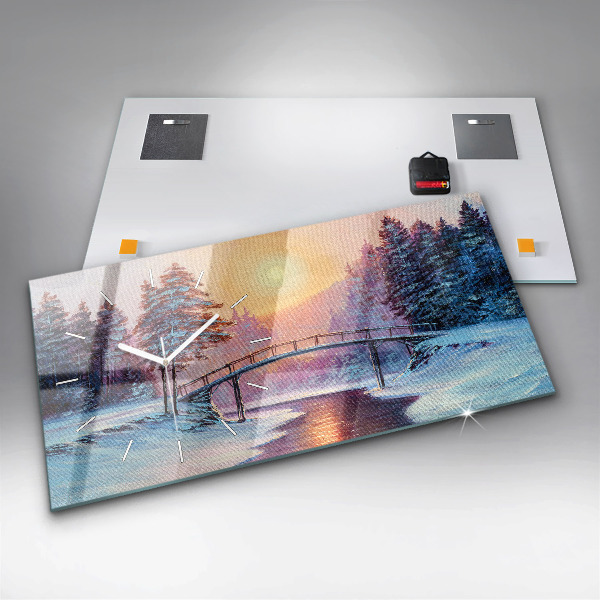 Horizontální skleněné hodiny na stěnu Vánoční stromek a most