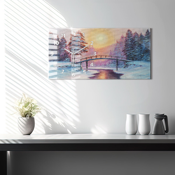 Horizontální skleněné hodiny na stěnu Vánoční stromek a most