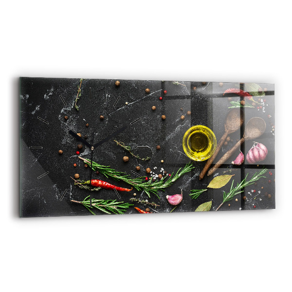 Horizontální skleněné hodiny na stěnu Koření na pultu